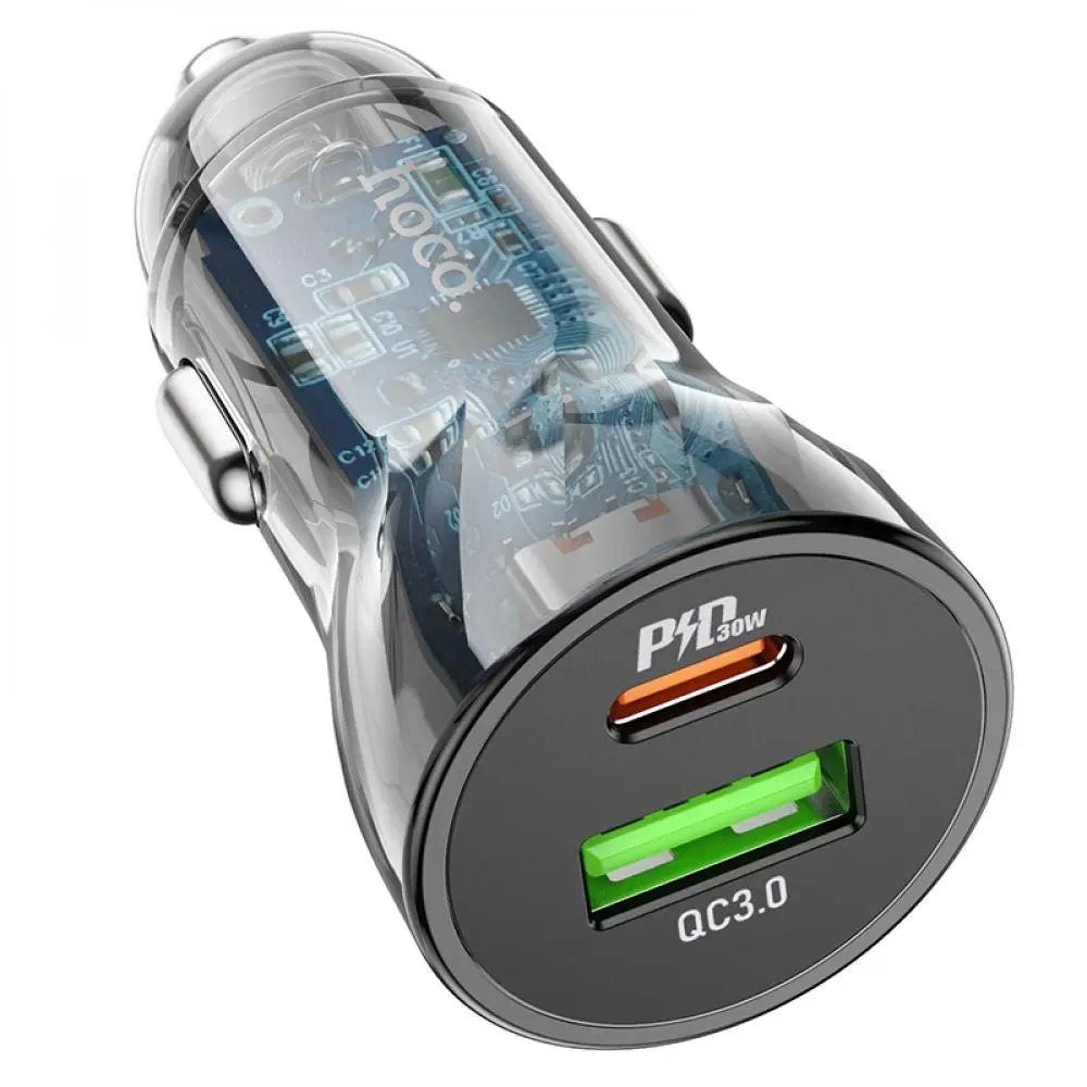Автомобільний зарядний пристрій HOCO Z47A Transparent Discovery Edition dual port PD30W+QC3.0 car charger Transparent Black - Зображення 4
