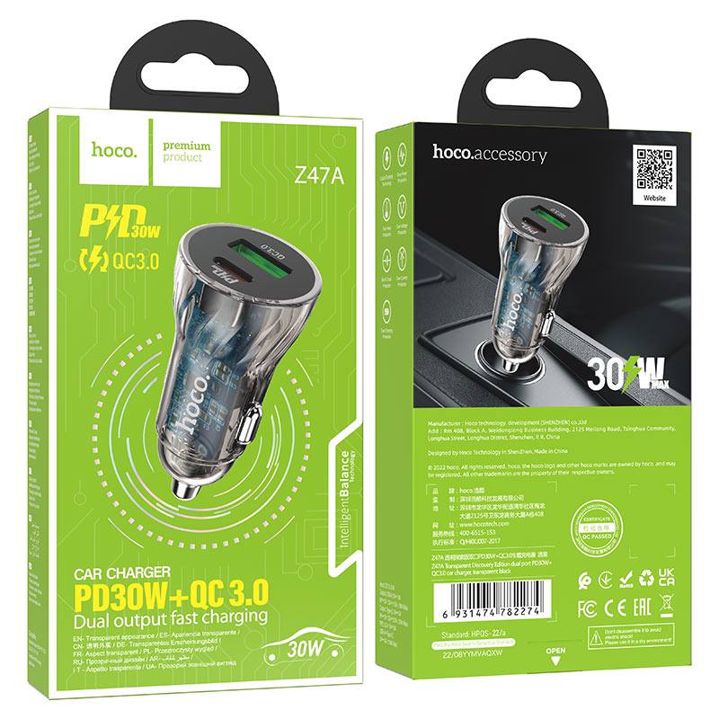Автомобільний зарядний пристрій HOCO Z47A Transparent Discovery Edition dual port PD30W+QC3.0 car charger Transparent Black - Зображення 3