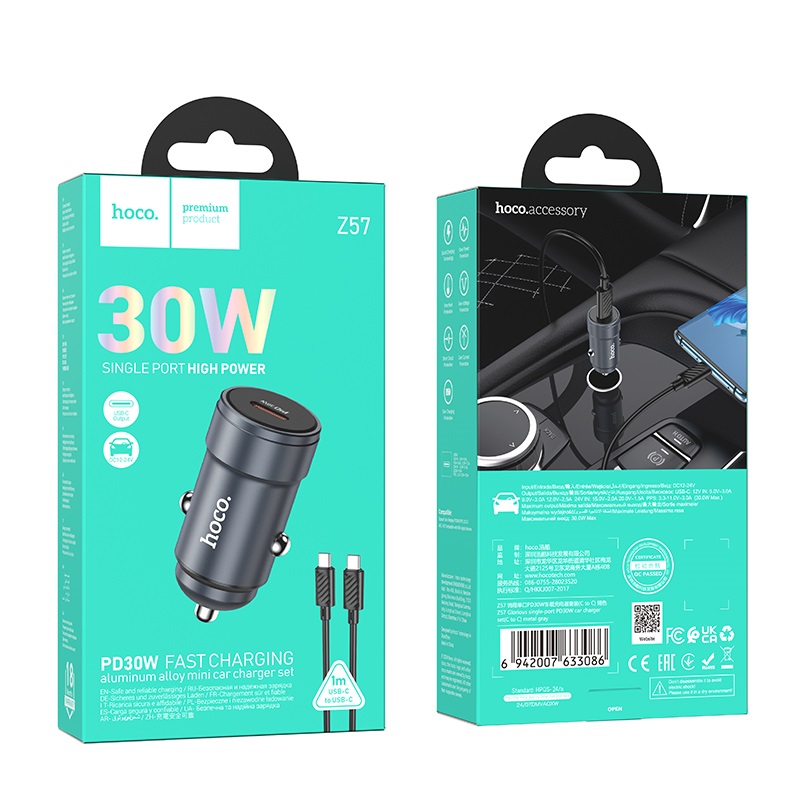 Автомобільний зарядний пристрій HOCO Z57 Glorious single-port PD30W car charger set (C to C) Metal Gray - Зображення 3
