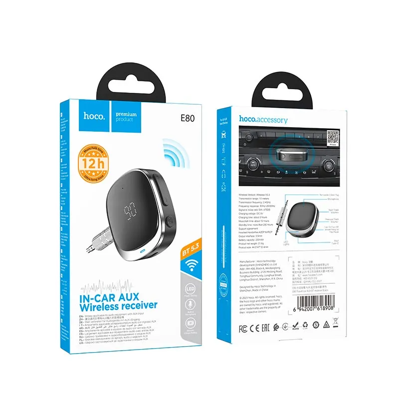 Bluetooth-ресивер HOCO E80 Travel car AUX BT receiver Black - Зображення 3