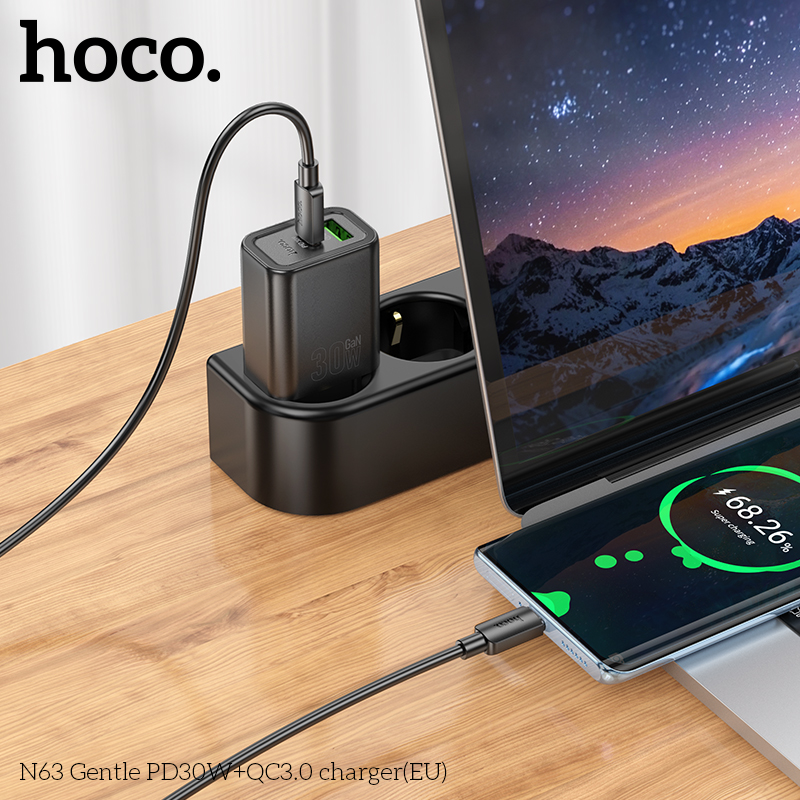Мережевий зарядний пристрій HOCO N63 Gentle PD30W+QC3.0 charger (EU) Black - Зображення 4